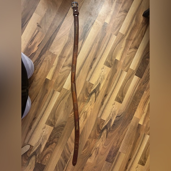 Brown Leather Belt with Silver Buckle and Decorative Braided Stitching - Picture 5 of 8